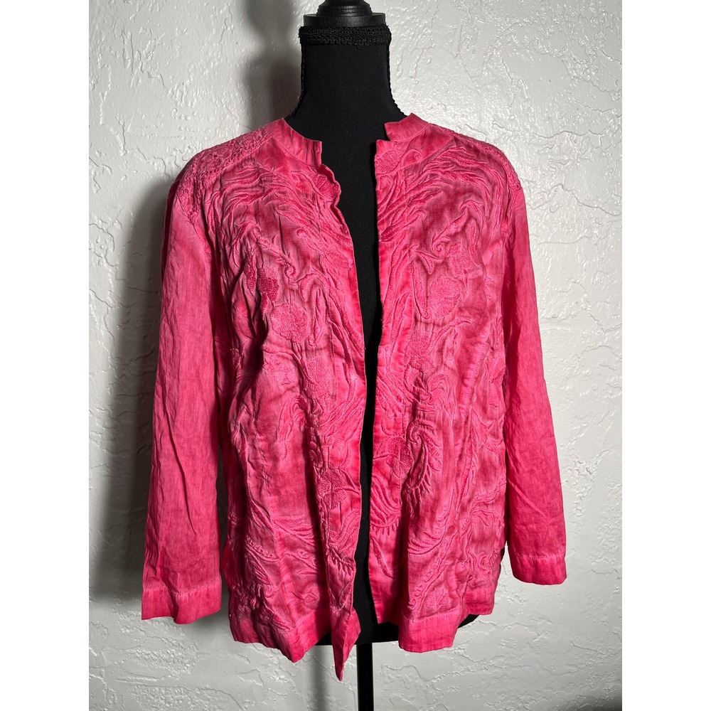 Chico's Size 3 Fuchsia Pink Embroidered Open Front Cotton Jacket